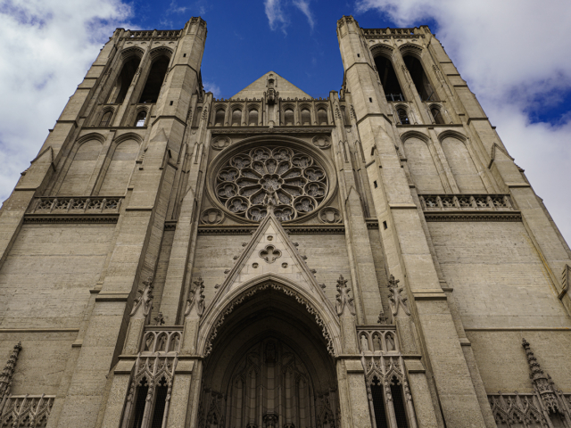 A picture of Grace Cathedral church from below